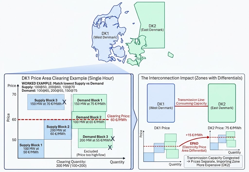 Day-ahead price divergence between DK1 and DK2 when interconnector capacity is congested